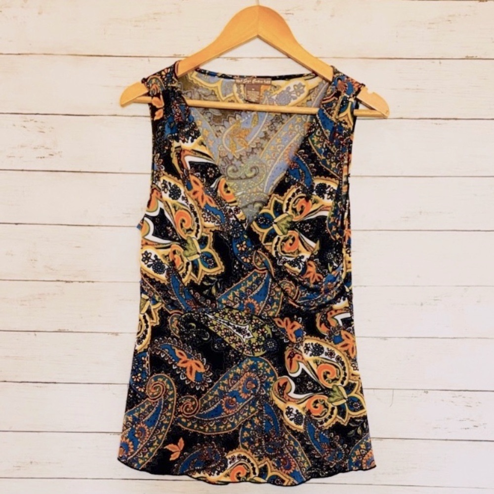 Blue, Orange & Green Wrap Sleeveless Top